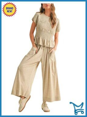 Smocked Top Wide-Leg Pants Set High-Waisted Lounge Outfit Pockets Casual Boho